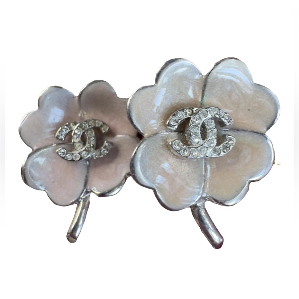 Chanel Silver CC Crystal Pink Enamel Clover Clip on Earrings
